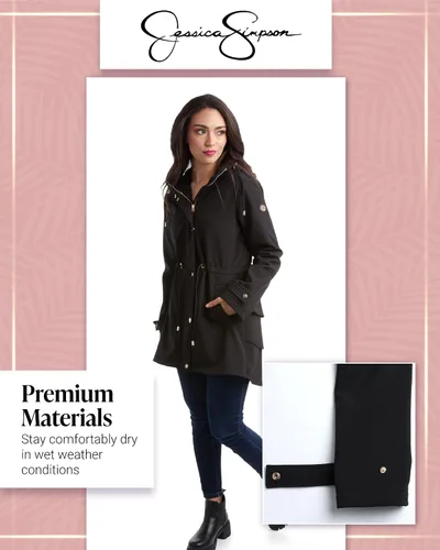 Vista 5 de Jessica Simpson Chaqueta impermeable Softshell resistente al agua, con volantes en la espalda, chaqueta larga con capucha para mujer, S-XL