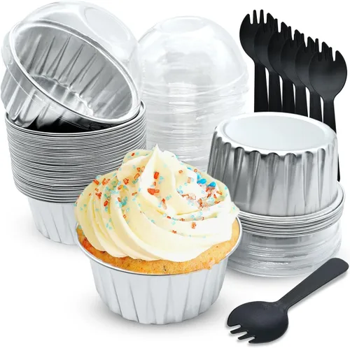 Vista 8 de Mini tazas de papel de aluminio para hornear cupcakes con tapas (30 unidades, 5 onzas), forros redondos de papel de aluminio para cupcakes, soporte