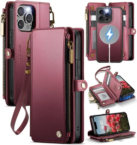 Vista 18 de Defencase Funda magnética para iPhone 13 Pro compatible con Magsafe con bloqueo RFID, correa de cremallera y tarjetero para mujer, funda de piel