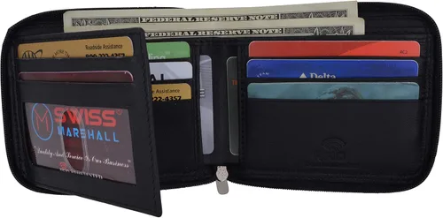 Vista 9 de Billetera plegable de piel con cremallera y bloqueo RFID para hombre, Negro -, Cartera Rfid