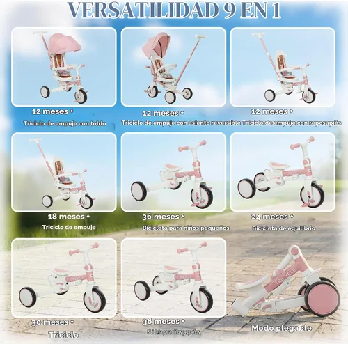 Vista 10 de Qaba 7 en 1 triciclo cochecito plegable bicicleta para niños pequeños 1-5 Rosa