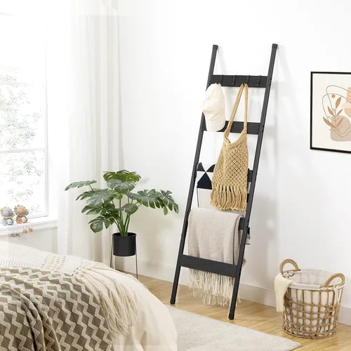 Vista 4 de HOOBRO Escalera para mantas, estante de toallas de 5 niveles con ganchos, estante de mantas inclinado en la pared, estante decorativo