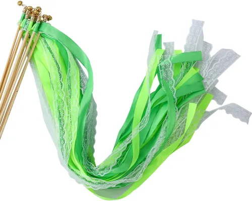 Vista 3 de 30 varitas de cinta de encaje para fiestas de cumpleaños de Navidad, varitas de hadas para actividades de boda (verde+encaje)