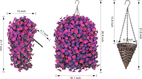 Vista 3 de Flores colgantes artificiales falsas con cesta para decoración al aire libre, resistentes a los rayos UV, flores de margaritas de seda sintética