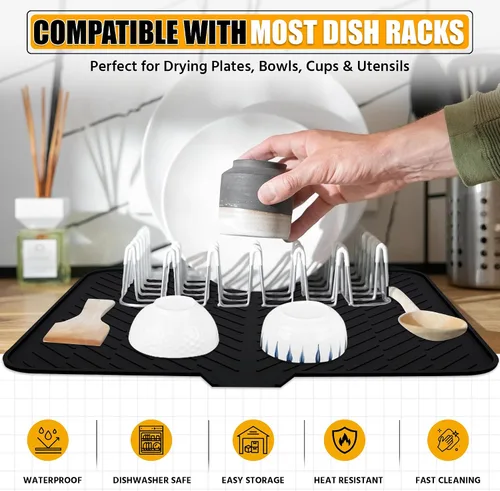 Vista 5 de Luxet Alfombrilla de silicona para secar platos con borde de drenaje integrado, almohadilla de secado higiénica, bandeja resistente compacta y fácil