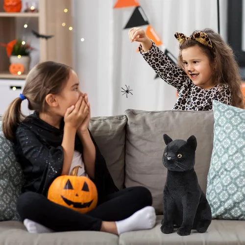 Vista 6 de HyDren Peluche de gato negro de Halloween de 13 pulgadas, animal de peluche realista de gato suave y lindo, almohada de juguete, regalos para niños