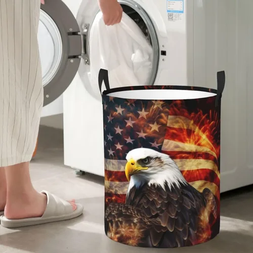 Vista 7 de American Flag Fire Eagle print Circular Hamper Waterproof Storage Bin Organizer Basket Laundry Hamper With Handles For Clothes Toys Small