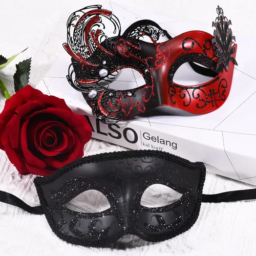 Vista 4 de SIQUK Máscaras de máscaras de metal veneciano para parejas, máscara de disfraz de Halloween, máscara de Mardi Gras para parejas, mujeres y hombres