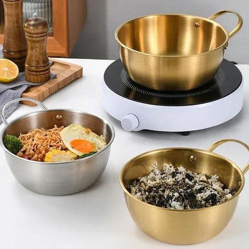Vista 5 de Ensaladera redonda dorada de 6.7 pulgadas con asa para mezclar alimentos, pasta, salsas de frutas