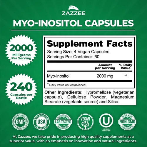 Vista 3 de Zazzee Suplemento de inositol de relación 40:1 Myo y D-Chiro para mujeres Cápsulas de D-Chiro y Myo Inositol para la regulación del ciclo, apoyo