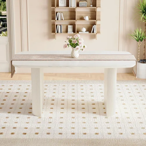 Vista 8 de TesNus Mesa de comedor blanca de 67 pulgadas para 6, moderna mesa de cocina ovalada con esquinas redondeadas, parte superior de mármol sintético