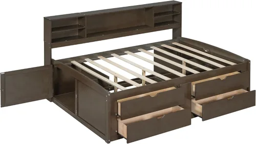 Vista 6 de DEINPPA Cama capitán completa con cabecera de almacenamiento, sofá cama matrimonial con cajones y armarios, marco de cama de plataforma de madera