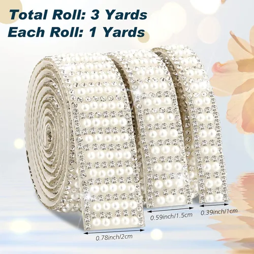 Vista 3 de Outus 3 rollos de calcomanías de perlas, cinta autoadhesiva con diamantes de imitación, tiras de cinta de cristal, para manualidades, boda