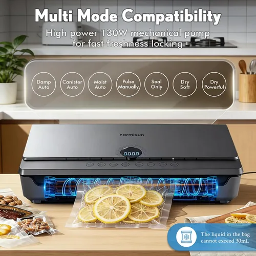 Vista 3 de Sellador al vacío para alimentos 90Kpa Potente máquina de sellado al vacío 7 en 1 modos con bolsa de almacenamiento de frescura Potente