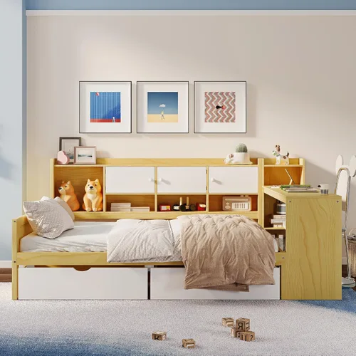 Vista 46 de VilroCaz Cama de sofá de tamaño individual de madera con estantes de almacenamiento y escritorio de estudio, estructura de cama de día Blanco