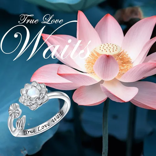 Vista 6 de Moonstone - Juego de joyas de loto de plata de ley, anillo de flor de loto grabado True Love Waits, Natural Healing Buddha Spiritual Yoga Lotus