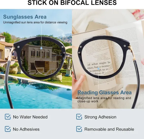 Vista 3 de OKH Paquete de 3 lentes de lectura adhesivos, lentes bifocales de aumento adhesivo para lentes de sol, gafas de seguridad, no necesita agua
