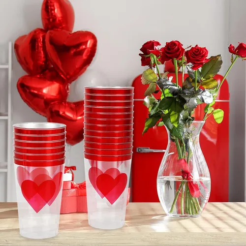 Vista 4 de Whaline Paquete de 32 vasos de plástico transparente para el día de San Valentín, vasos de plástico transparente de 12 onzas con borde rojo
