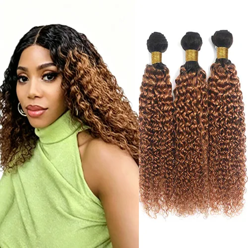 Vista 227 de P4613 Cabello humano rizado onda profunda marrón y paquetes mixtos 8 10 12 P4613 Ombre Marrón-Rubio-DP