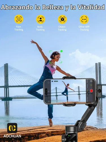 Vista 5 de AOCHUAN Estabilizador de cardán para iPhone y Android, cardán de teléfono de 3 ejes con micrófono de solapa inalámbrico, poste de extensión Negro