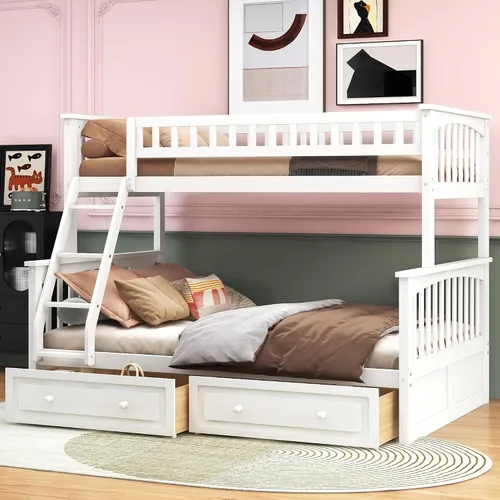 Vista 16 de Harper & Bright Designs Litera convertible de madera individual sobre cama matrimonial con 2 cajones de almacenamiento y escalera, se puede dividir