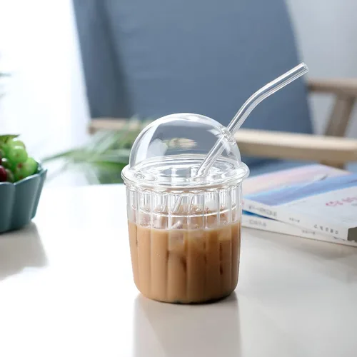 Vista 5 de TITA-DONG Lindos vasos para beber con tapa de cúpula y pajilla, vasos reutilizables de boca ancha para batidos de 15 onzas, vaso de vidrio para café