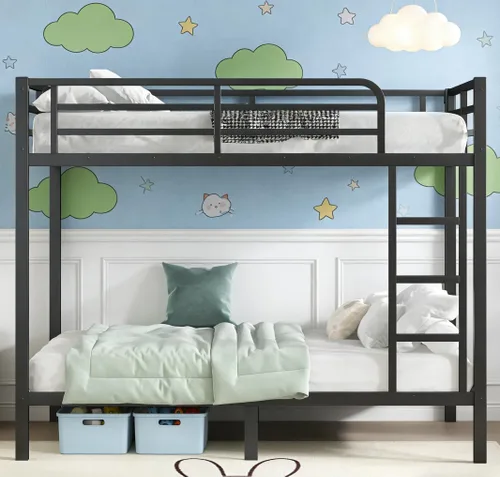 Vista 21 de Bellemave Litera individual XL sobre individual XL, litera de metal con escalera y barandilla para niños, adultos, se puede dividir, color negro