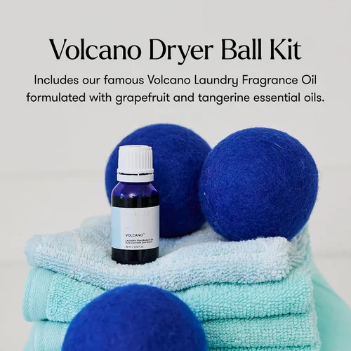 Vista 2 de Kit de bolas secantes Capri Blue Volcano – Incluye 3 bolas secantes 100% de lana + 1 aceite aromático para lavandería Volcano – Bolas secantes