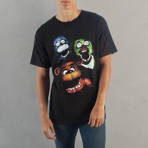 Vista 3 de Bioworld Camiseta de grupo estilo cinematográfico de la FNAF, espeluznante animatronics Chica Bonnie Freddy Fazbear's Pizza, camiseta ajustada negra