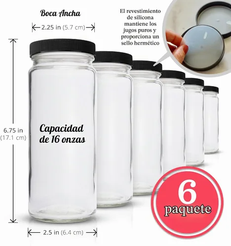 Vista 5 de All About Juicing Juego de 6 botellas de agua de vidrio transparente, boca ancha con tapas para jugos, batidos y bebidas, 16 onzas, duraderas Tapas