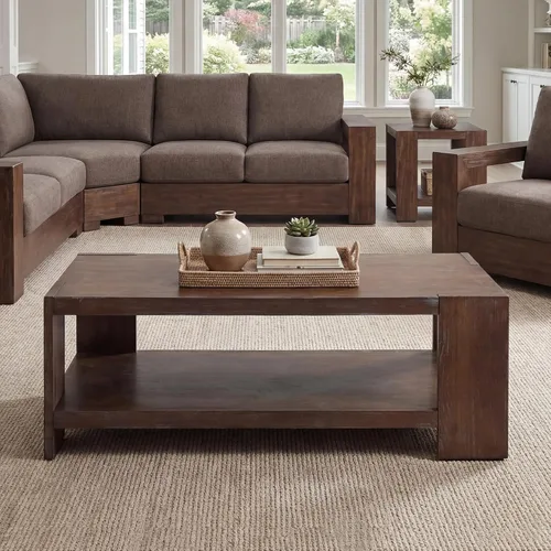 Vista 6 de chairus Mesa auxiliar de 47 pulgadas con almacenamiento de 2 niveles, mesa central rectangular de granja con patas de madera de pino maciza