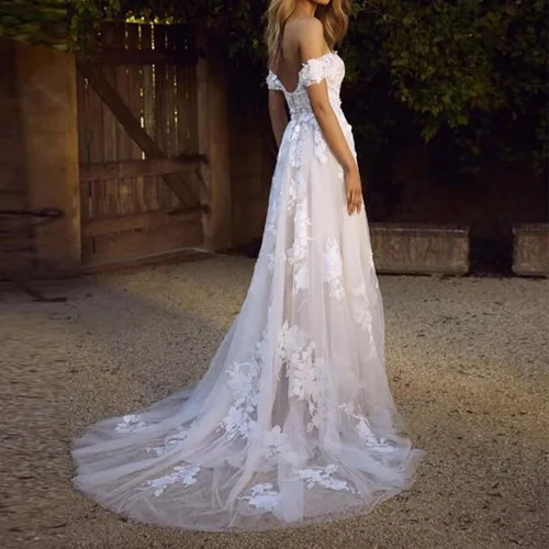 Vista 2 de Vestidos de novia bohemios para mujer, con hombros descubiertos, vestido de novia de tul, vestido de novia de encaje acampanado