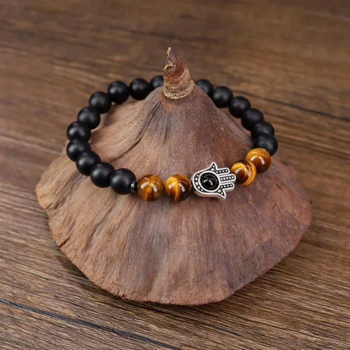 Vista 4 de Pulsera Hamsa con cuentas de piedra de tigre de ónix