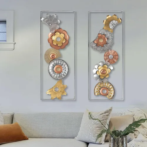 Vista 5 de Asense Juego de 2 flores de metal para colgar en la pared con marco, 36 x 14 pulgadas, esculturas modernas de arte de pared de metal dorado