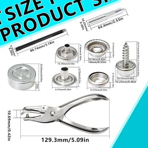 Vista 2 de Kit de 324 broches de presión de lona de acero inoxidable con herramienta de ajuste de grado marino, cubierta de botón, accesorios de cierre