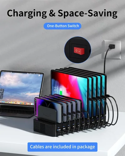 Vista 7 de Estación de carga de 270 W para múltiples dispositivos, estación de carga rápida USB de 20 puertos con divisores ajustables y 10 cables, base