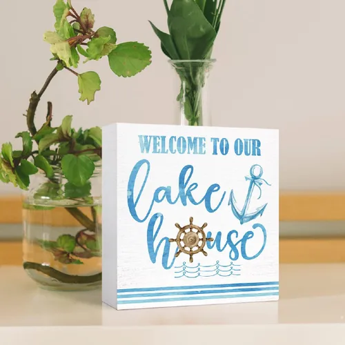 Vista 4 de Letrero de madera con texto en inglés "Welcome to Our Lake House" para decoración de casa con temática de lago, decoración de escritorio