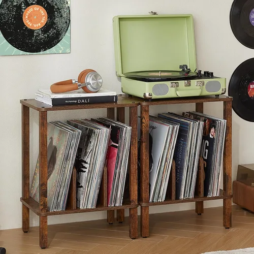 Vista 14 de LELELINKY Soporte para tocadiscos de 2 niveles con almacenamiento de discos de vinilo hasta 100 álbumes, soporte para discos de dormitorio y mesa
