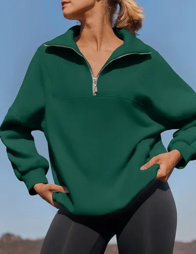 Vista 2 de ZESICA Sudadera de gran tamaño con media cremallera para mujer, manga larga, con cremallera de un cuarto, sudadera con capucha Y2K, ropa de otoño e
