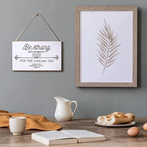 Vista 3 de Letrero con versículo bíblico para decoración de pared con versículo bíblico con texto en inglés "Be Strong and Courageous", de madera, 9.5 x 5.5