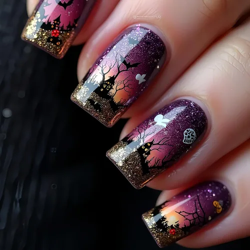 Vista 29 de Uñas postizas a presión para Halloween, cuadradas, cortas, con diseños de bosque lunar, uñas postizas con pegamento oscuro brillante en las uñas