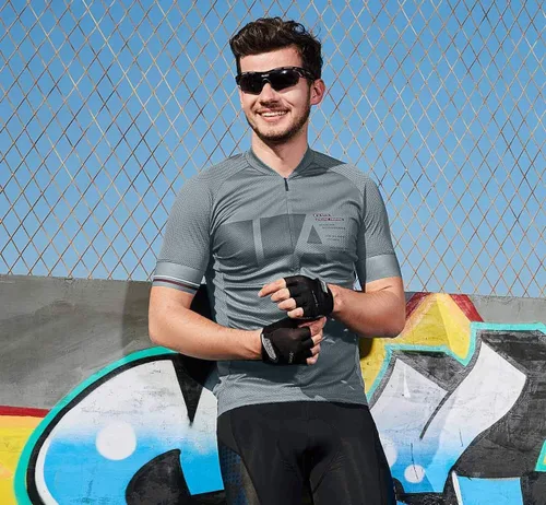 Vista 2 de Santic Camiseta de ciclismo para hombre, manga corta, camiseta de ciclismo de carretera, cremallera completa, UPF 50+, MTB con bolsillos Gris