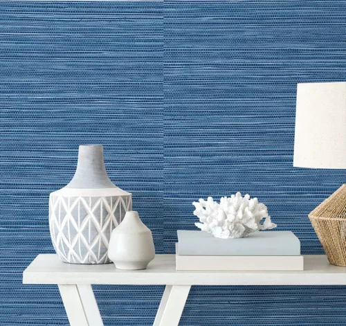 Vista 4 de Lillian August Luxe Haven - Papel tapiz de sisal sintético para despegar y pegar (azul costero)