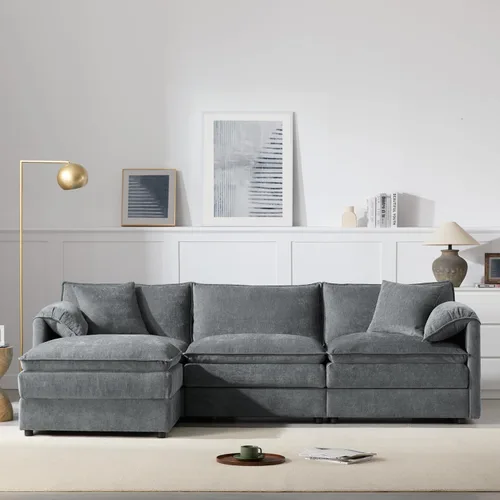 Vista 80 de Moderno sofá modular en forma de U con almohadas para la cintura, sofá cama con diván, sofá tapizado simétrico de felpilla de 6 asientos para sala