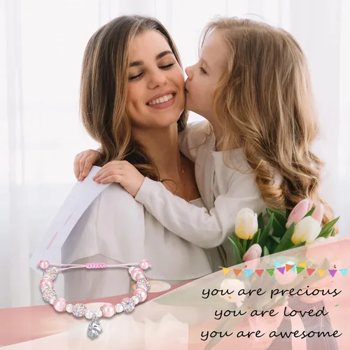 Vista 6 de HGDEER Valentines Day Gifts for Little Girls Unicorn Bracelet for DaughterGranddaughterNiece Pink Pearl and Rhinestone Balls Bracelet Adjustable
