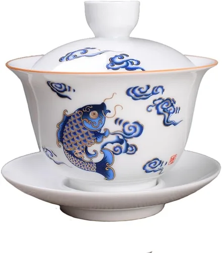 Vista 11 de Liang baobao Gaiwan - Taza de té de porcelana de 8 onzas, color blanco esmaltado con borde dorado, sopera china de gongfu, taza de té de gongfu