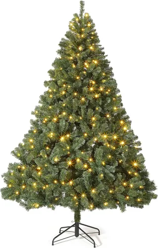 Vista 10 de Árbol de Navidad artificial de 6 pies, árbol de Navidad preiluminado con 120 luces LED, ramas con bisagras y soporte de metal para decoración