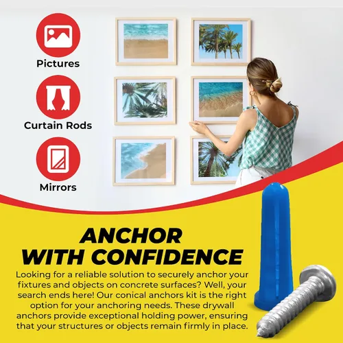 Vista 2 de QUALIHOME Kit de anclajes y tornillos cónicos de hormigón, anclajes de pared cónicos de plástico para accesorios ligeros en hormigón, bloque