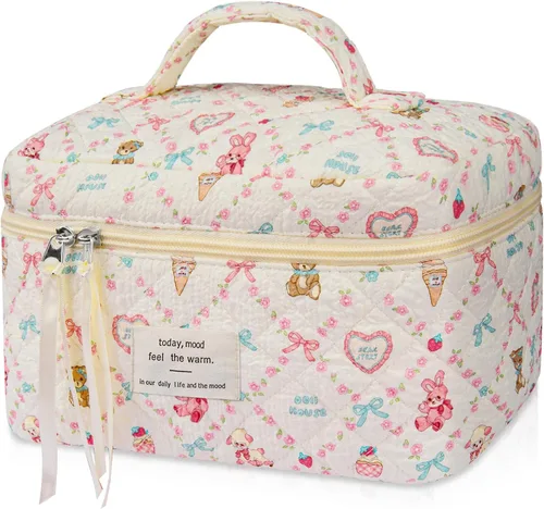 Vista 9 de Gosect Bolsa de maquillaje grande, bonita bolsa de cosméticos para mujeres y niñas, bolsa de aseo estética de coqueta floral, bolsa organizadora