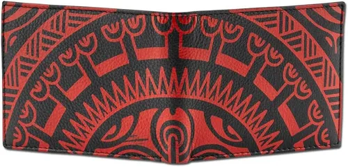 Vista 2 de NA KOA Billetera con tapa de identificación con tapa, piel auténtica, arte polinesio del tatuaje por Sulu'ape Pili Mo'o de, Negro con arte rojo